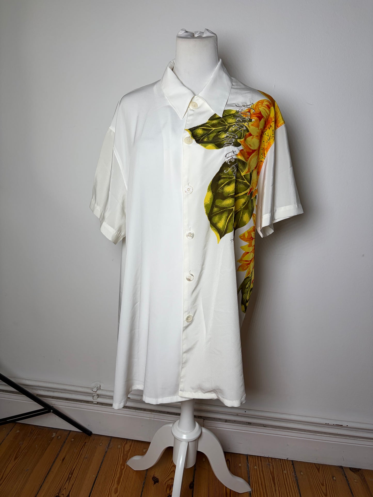 Vintage Kansai Men's Silk Floral Shirt White Yellow Green XL