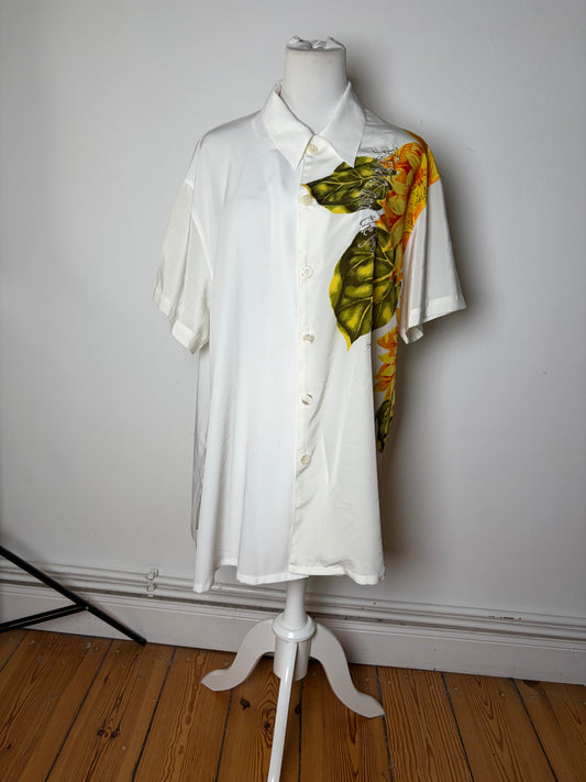 Vintage Kansai Men's Silk Floral Shirt White Yellow Green XL