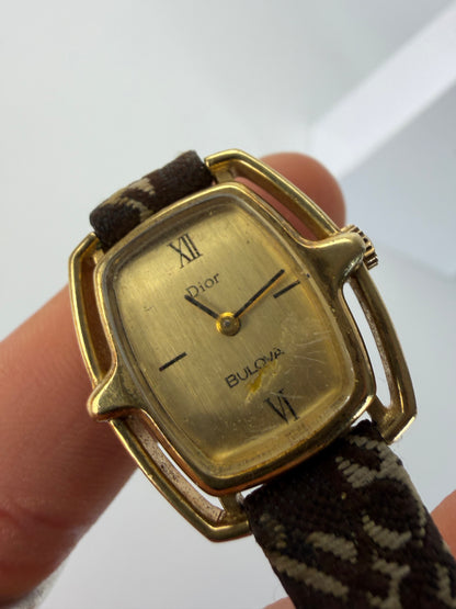 Vintage Dior Oblique Canvas Strap Watch c. Late 1970s Gold Brown
