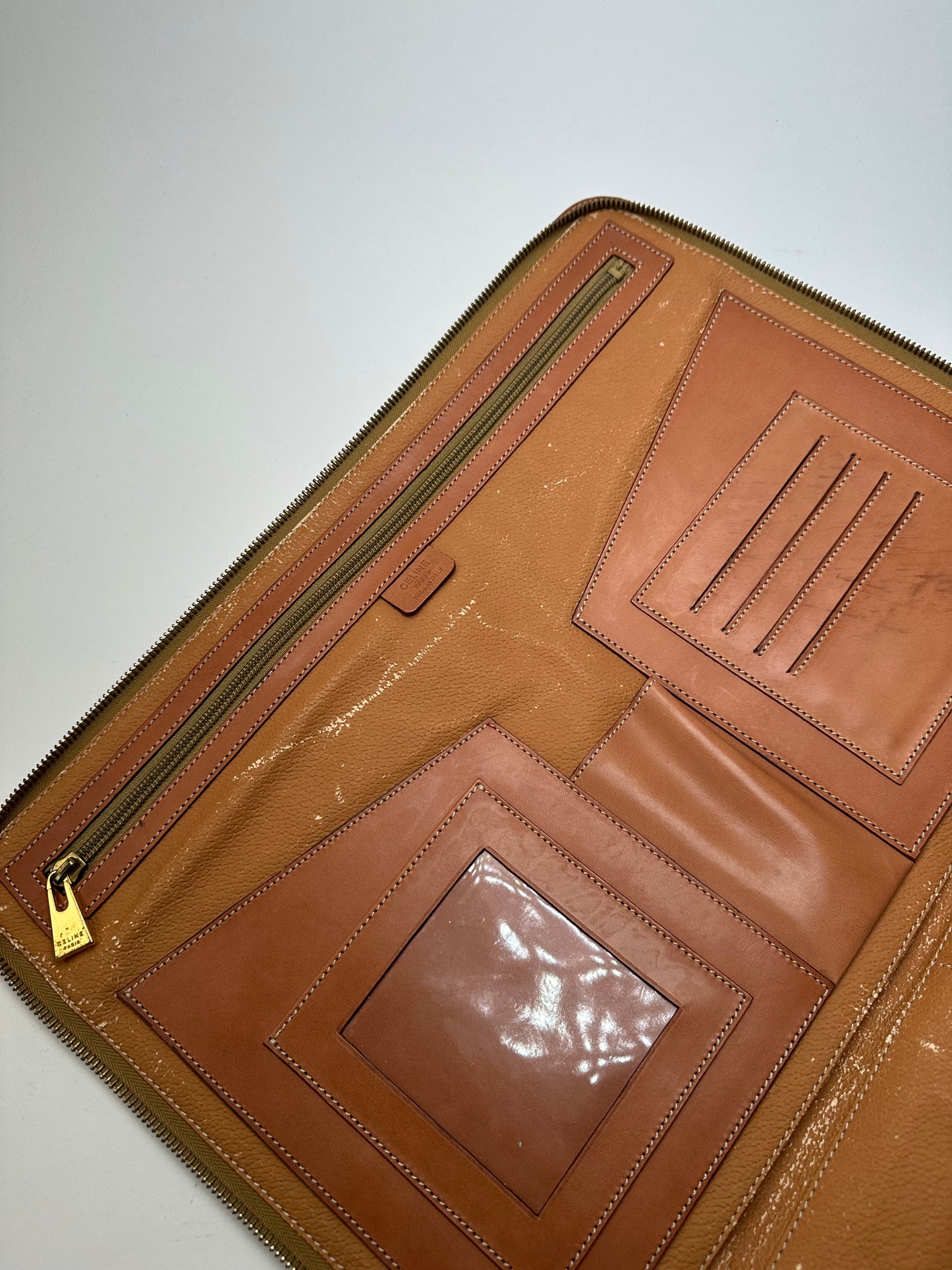 Vintage Celine Paris Triomphe Monogram Leather Clutch Brown