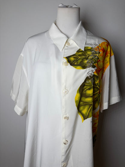 Vintage Kansai Men's Silk Floral Shirt White Yellow Green XL