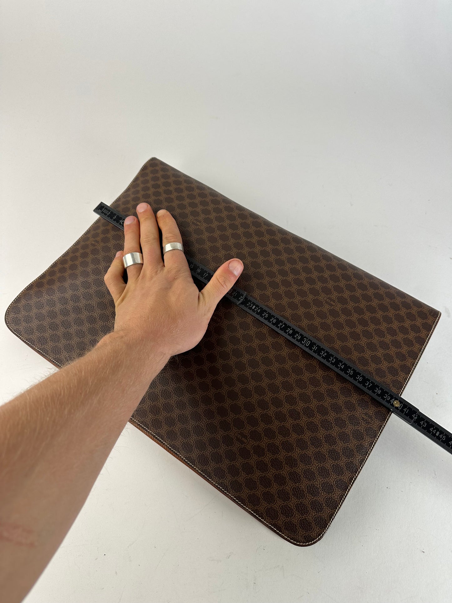 Vintage Celine Paris Triomphe Monogram Leather Clutch Brown