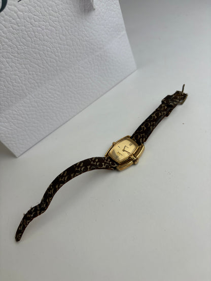 Vintage Dior Oblique Canvas Strap Watch c. Late 1970s Gold Brown