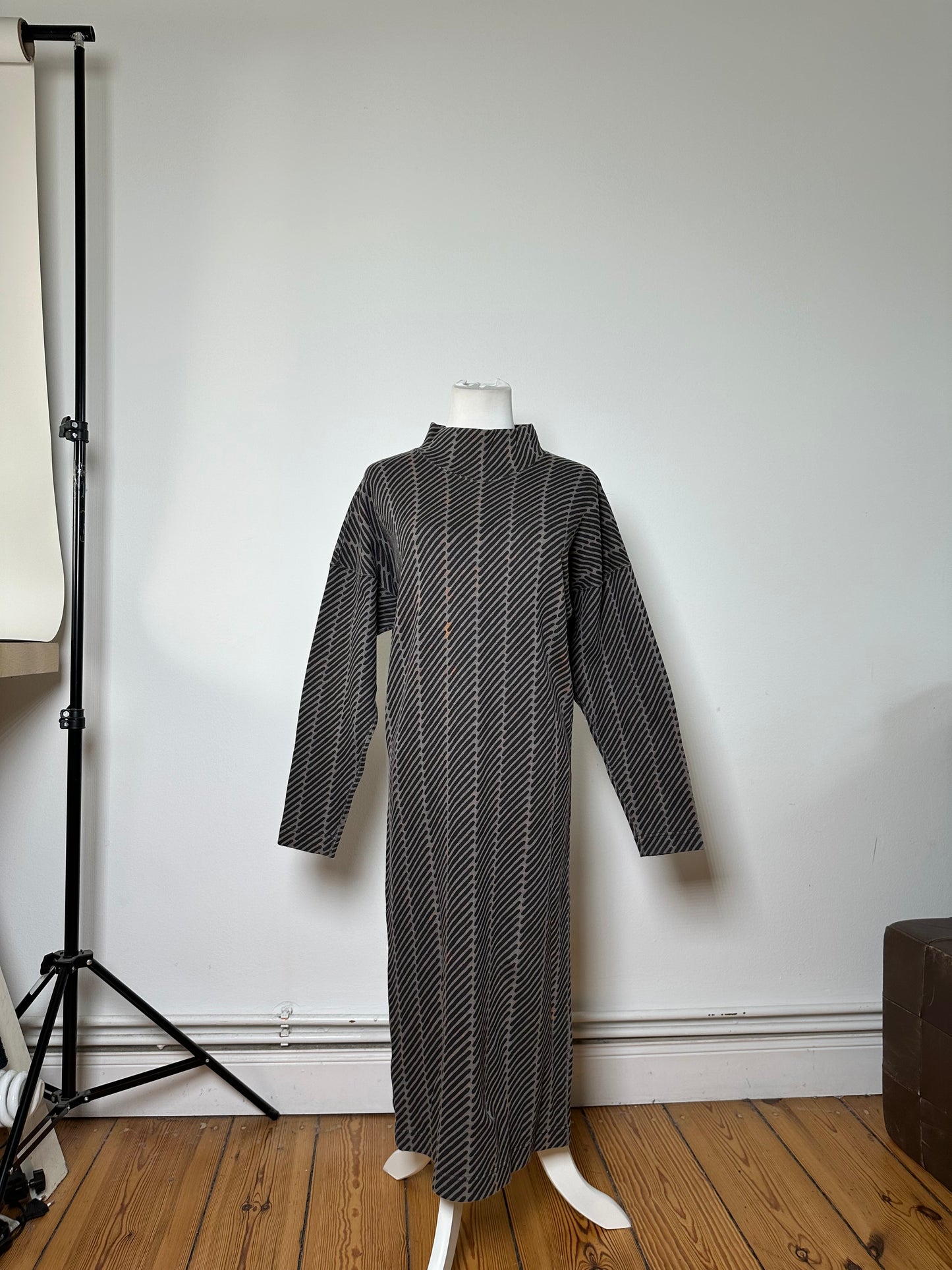 Vintage Issey Miyake Striped Cotton Blend Dress Black Grey M