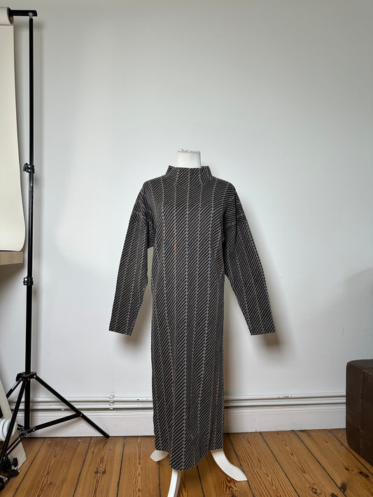 Vintage Issey Miyake Striped Cotton Blend Dress Black Grey M