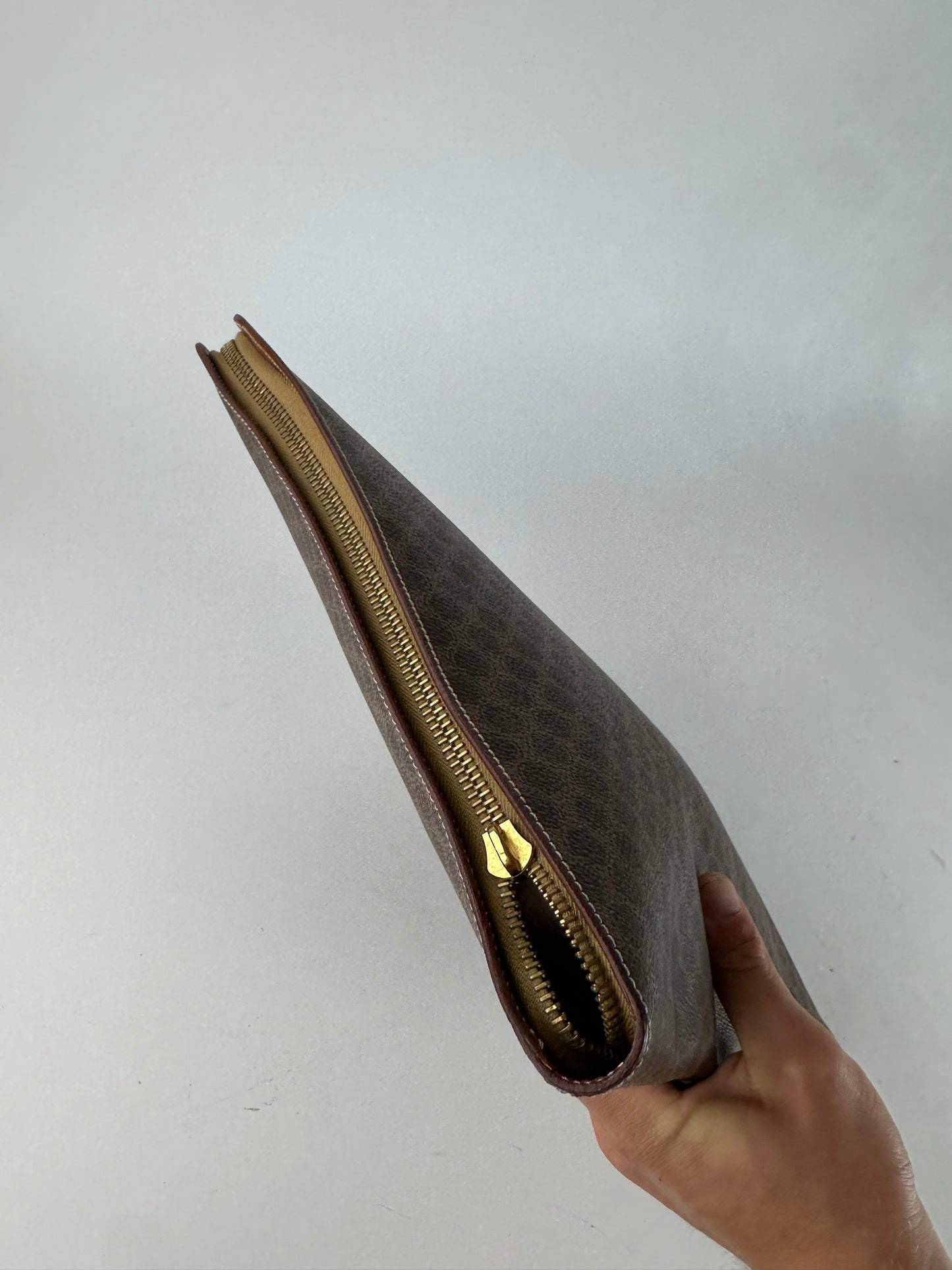 Vintage Celine Paris Triomphe Monogram Leather Clutch Brown
