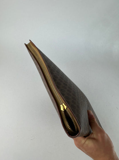 Vintage Celine Paris Triomphe Monogram Leather Clutch Brown