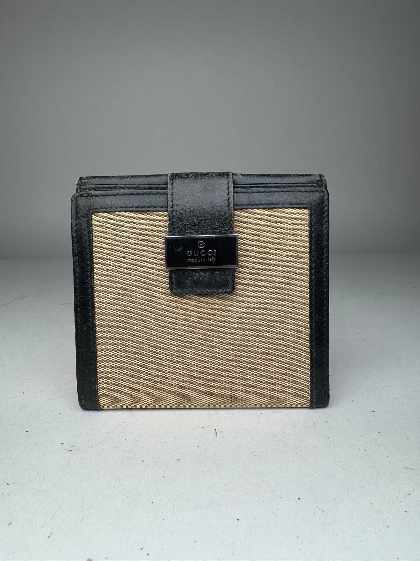 Vintage Gucci Leather Canvas Wallet Beige Black