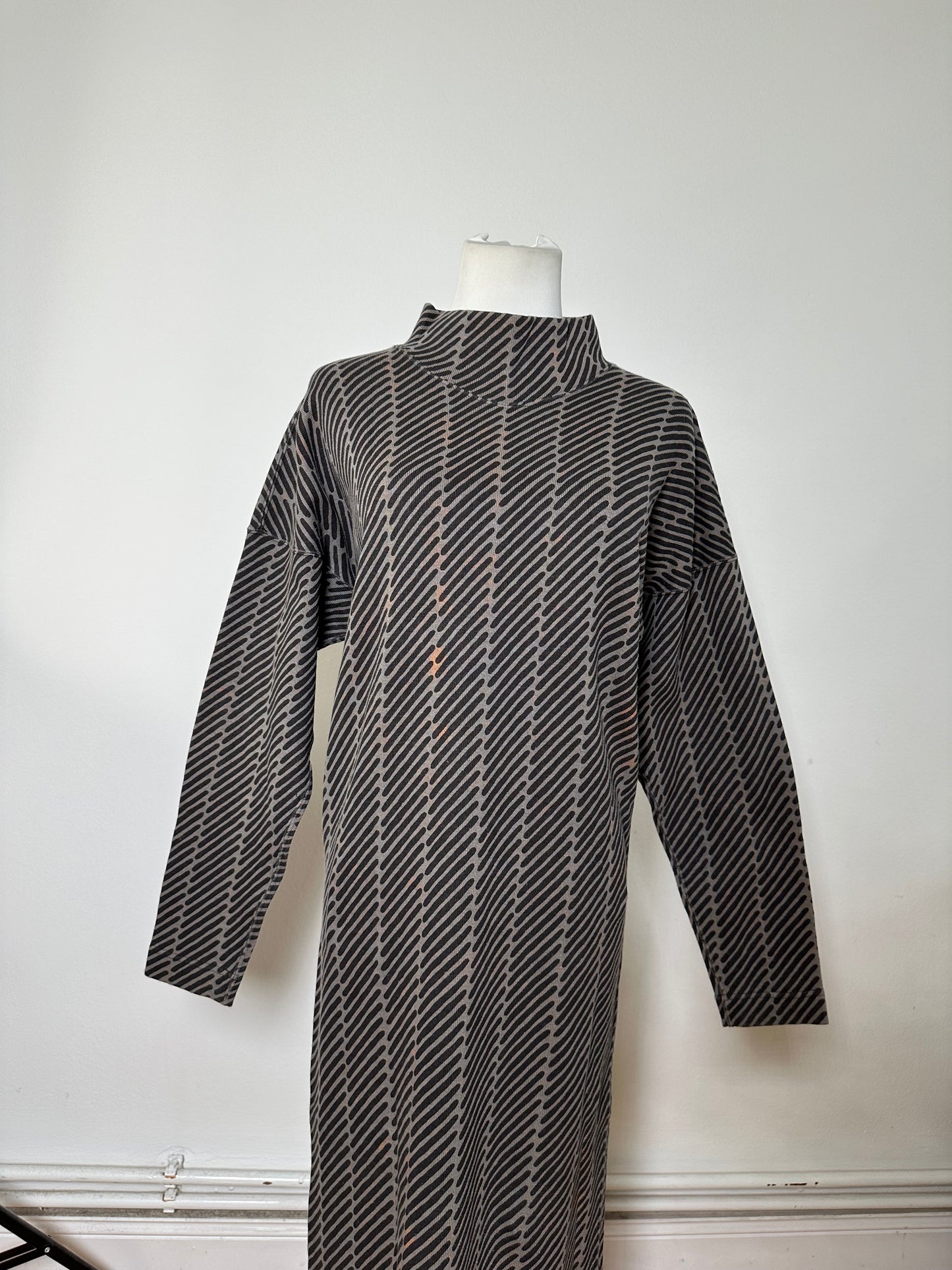 Vintage Issey Miyake Striped Cotton Blend Dress Black Grey M