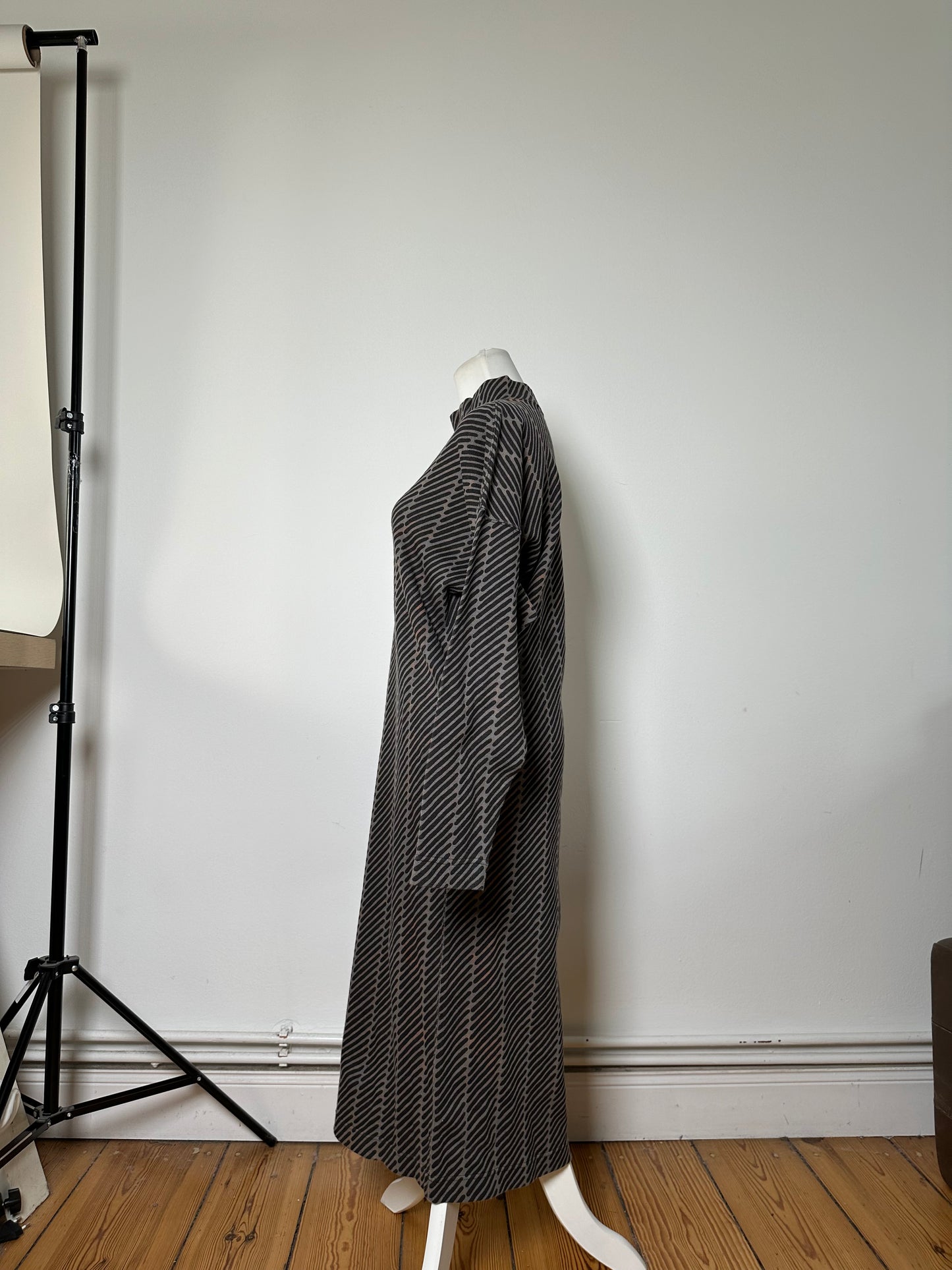Vintage Issey Miyake Striped Cotton Blend Dress Black Grey M