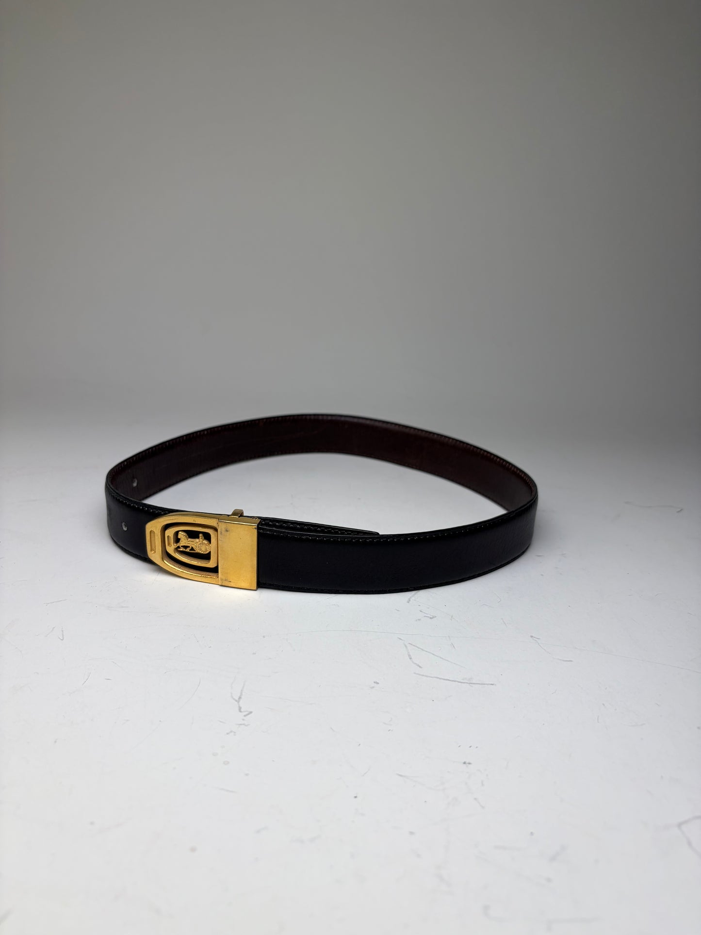 Vintage Celine Smooth Leather Belt Black Brown Gold Buckle