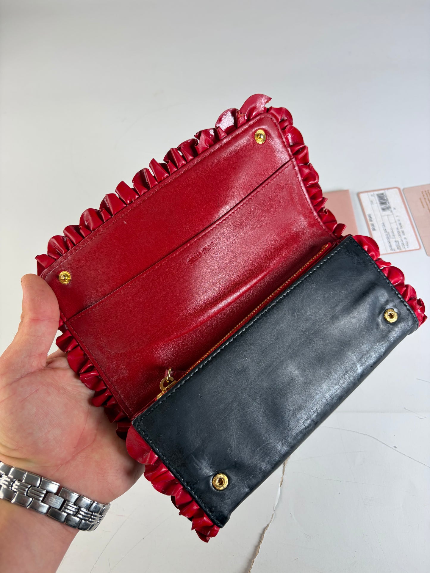 Vintage Miu Miu Leather Long Wallet Black Red Gold Clasp