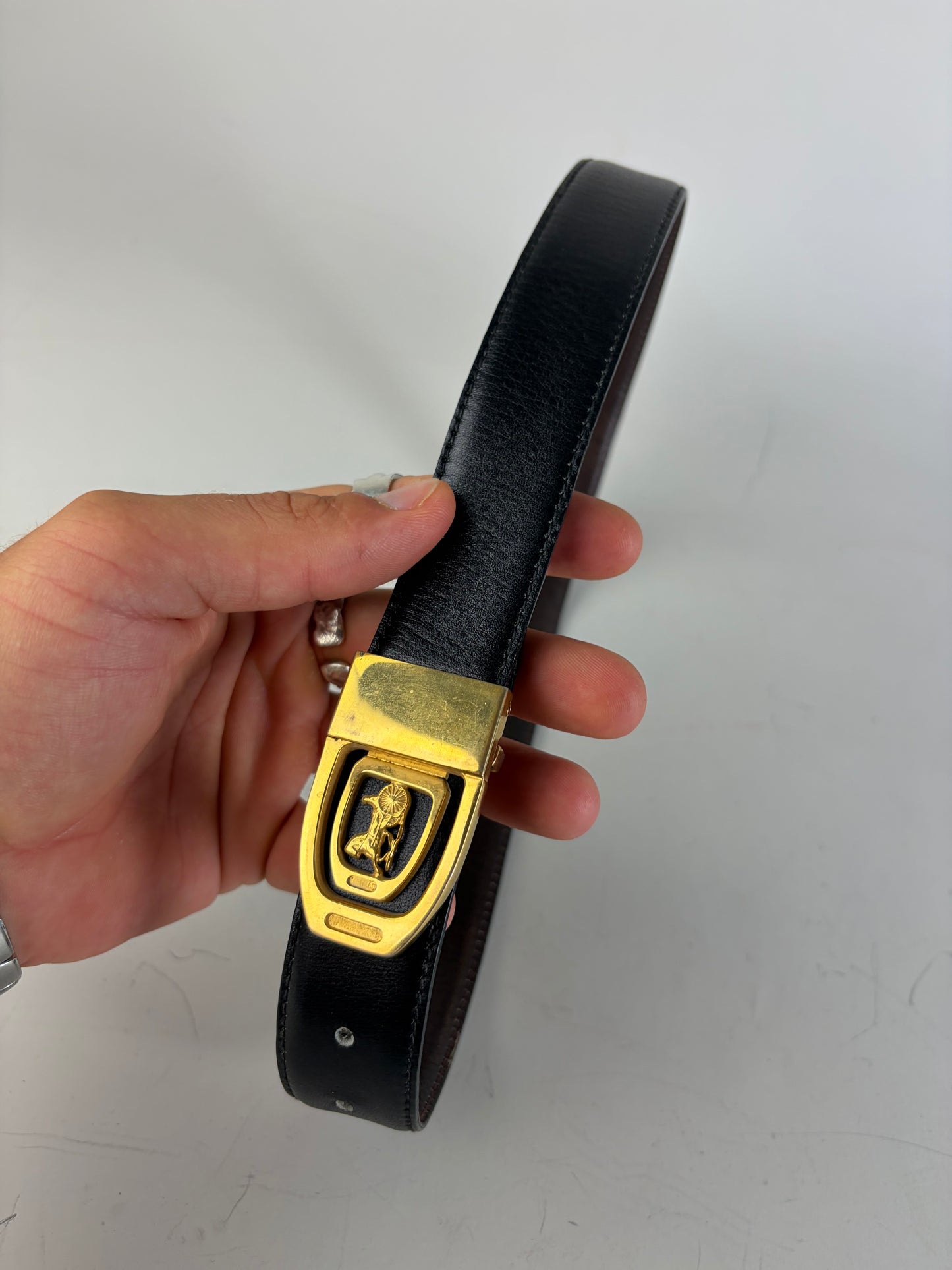 Vintage Celine Smooth Leather Belt Black Brown Gold Buckle