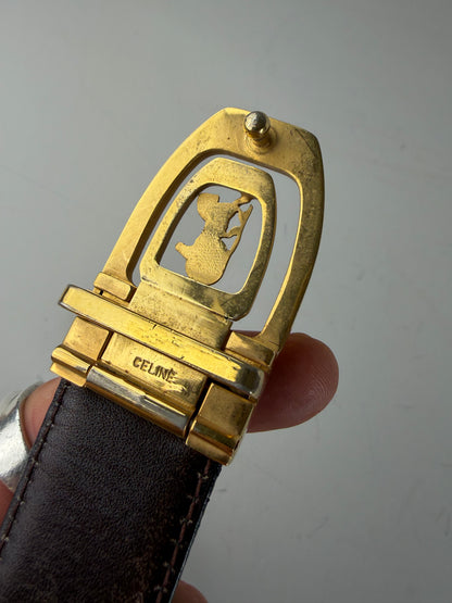 Vintage Celine Smooth Leather Belt Black Brown Gold Buckle