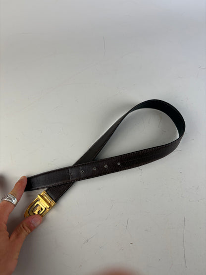 Vintage Celine Smooth Leather Belt Black Brown Gold Buckle