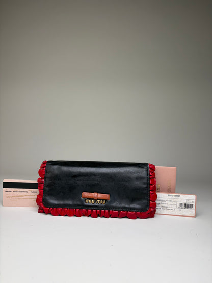 Vintage Miu Miu Leather Long Wallet Black Red Gold Clasp