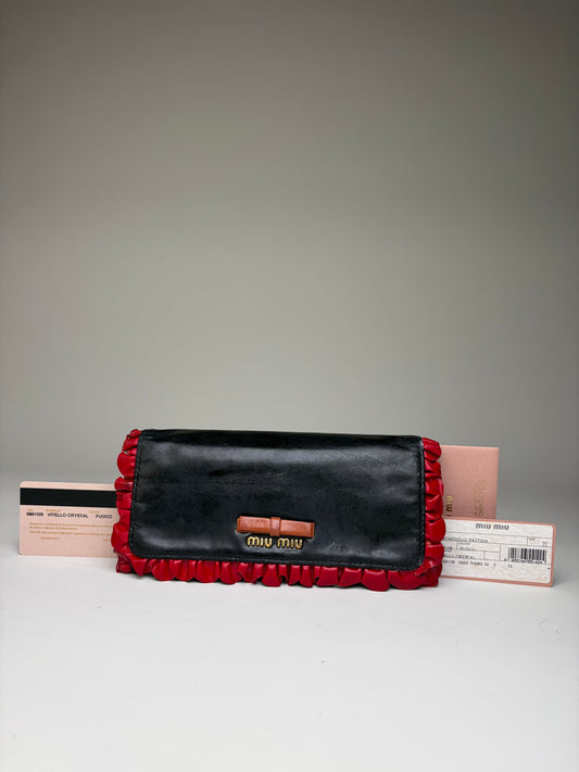 Vintage Miu Miu Leather Long Wallet Black Red Gold Clasp