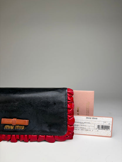 Vintage Miu Miu Leather Long Wallet Black Red Gold Clasp