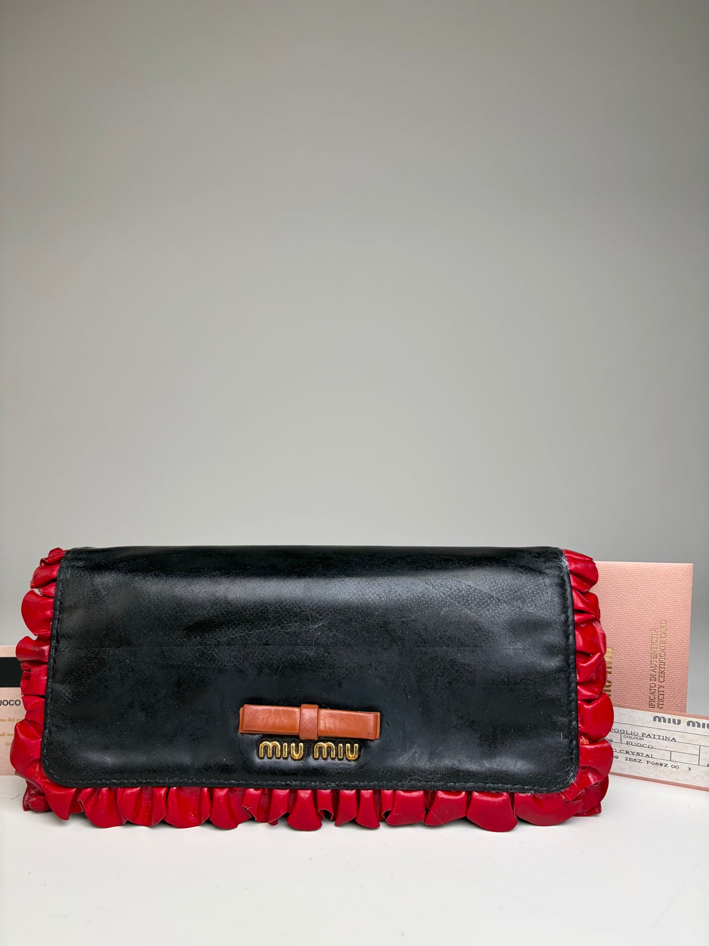Vintage Miu Miu Leather Long Wallet Black Red Gold Clasp