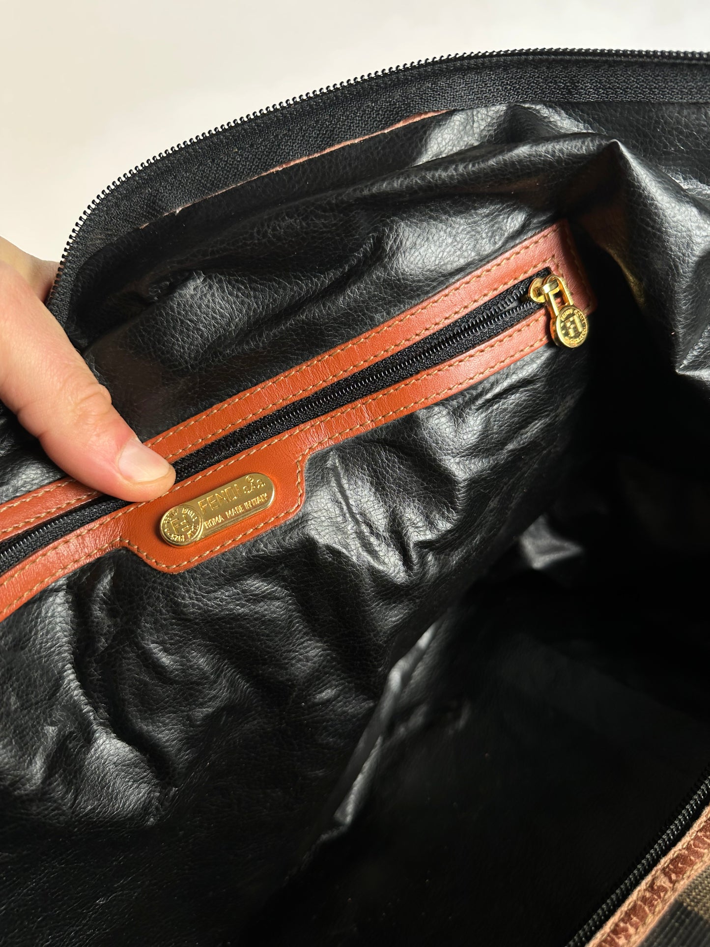 Vintage Fendi Roma Leather Duffel Bag Black Brown