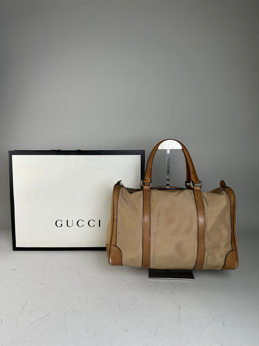 Vintage Gucci Canvas Duffle Bag Beige Brown Gold