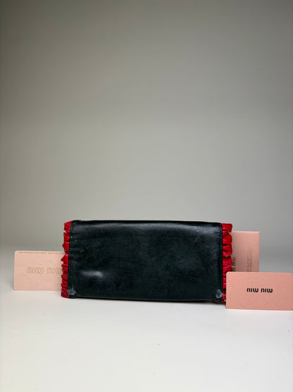 Vintage Miu Miu Leather Long Wallet Black Red Gold Clasp