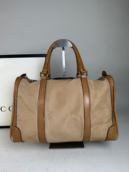 Vintage Gucci Canvas Duffle Bag Beige Brown Gold