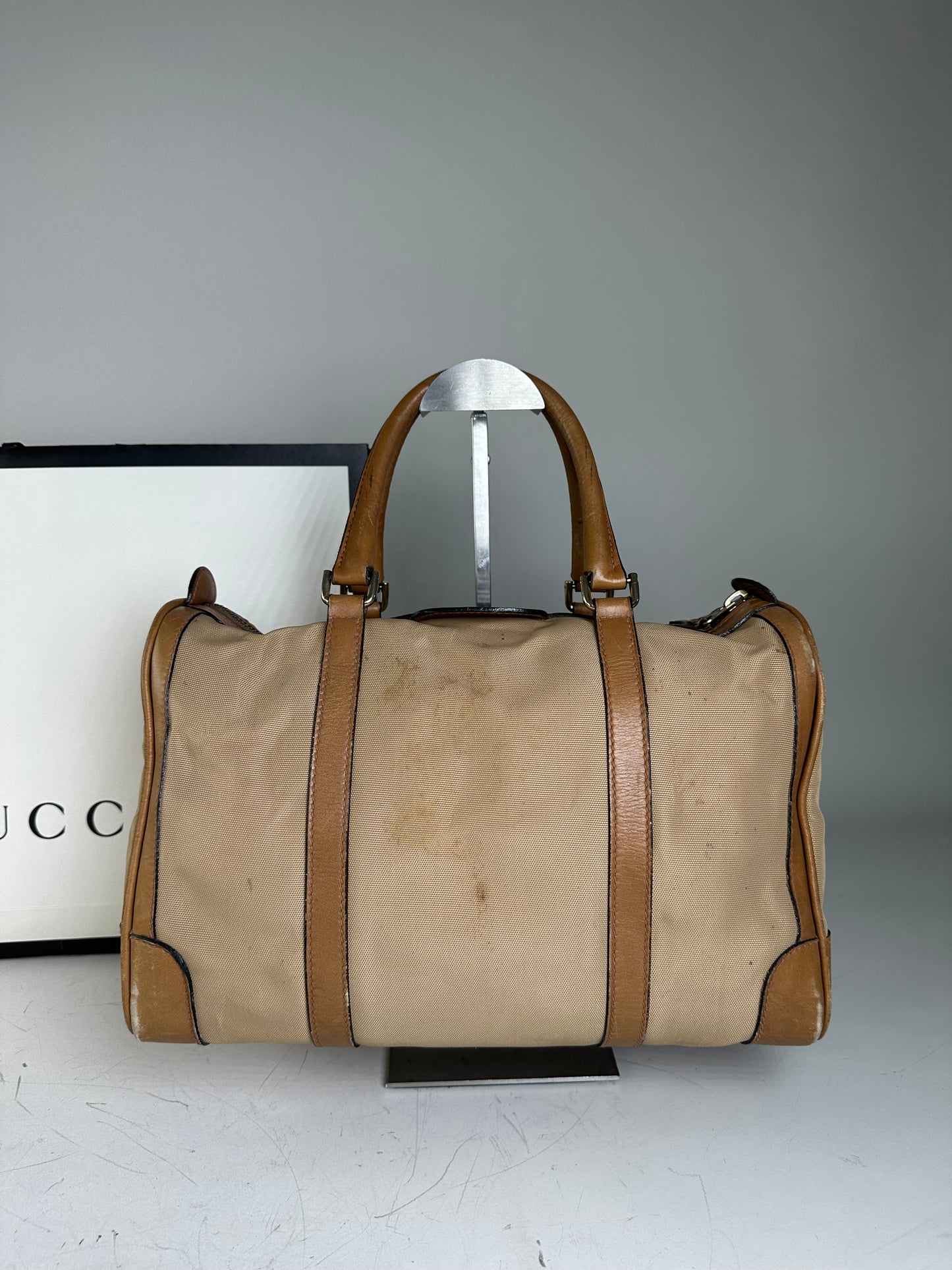 Vintage Gucci Canvas Duffle Bag Beige Brown Gold