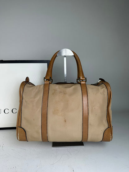 Vintage Gucci Canvas Duffle Bag Beige Brown Gold