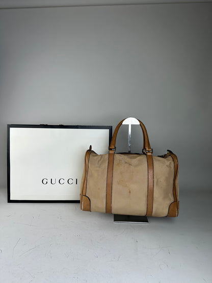 Vintage Gucci Canvas Duffle Bag Beige Brown Gold