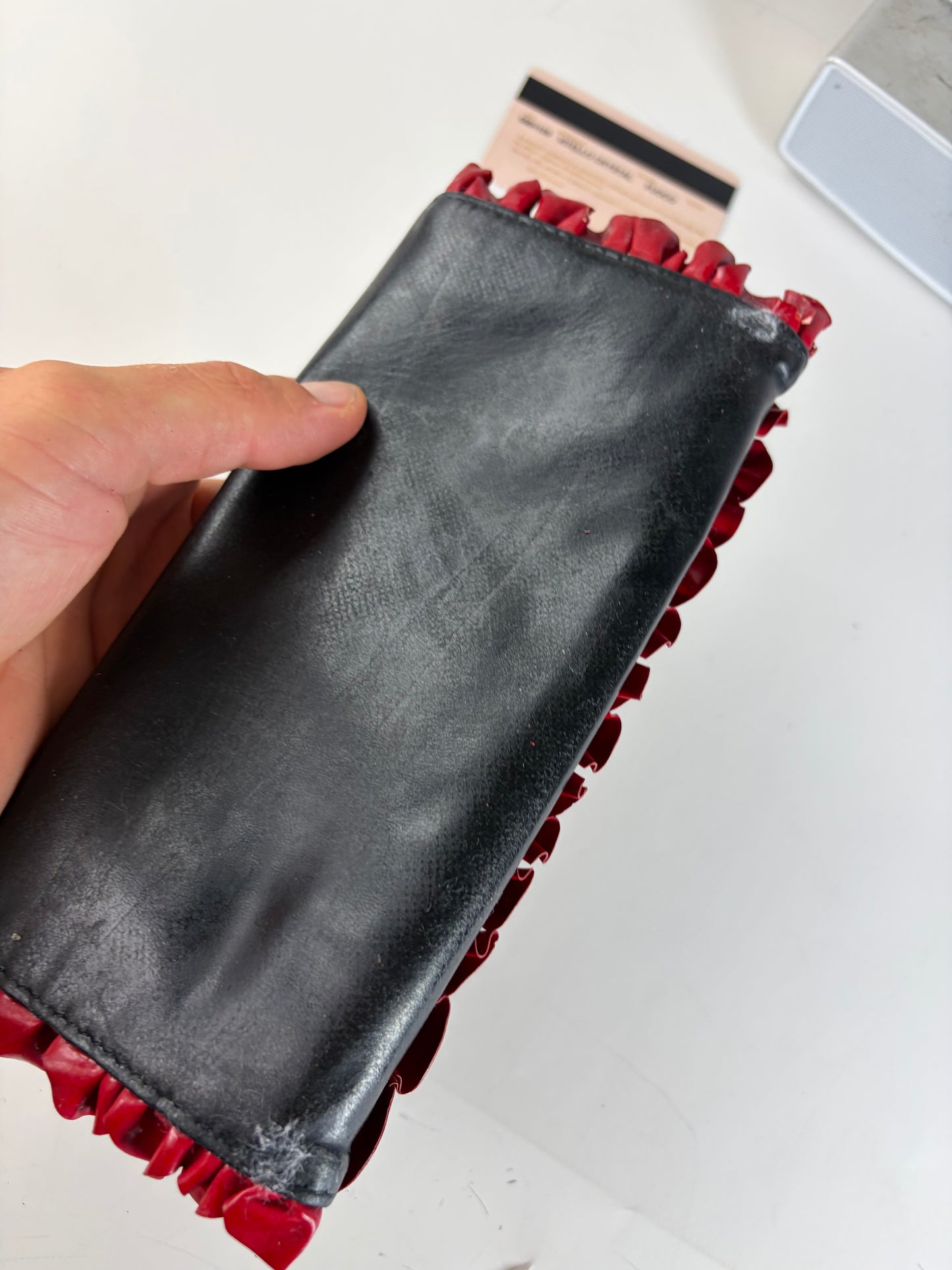 Vintage Miu Miu Leather Long Wallet Black Red Gold Clasp