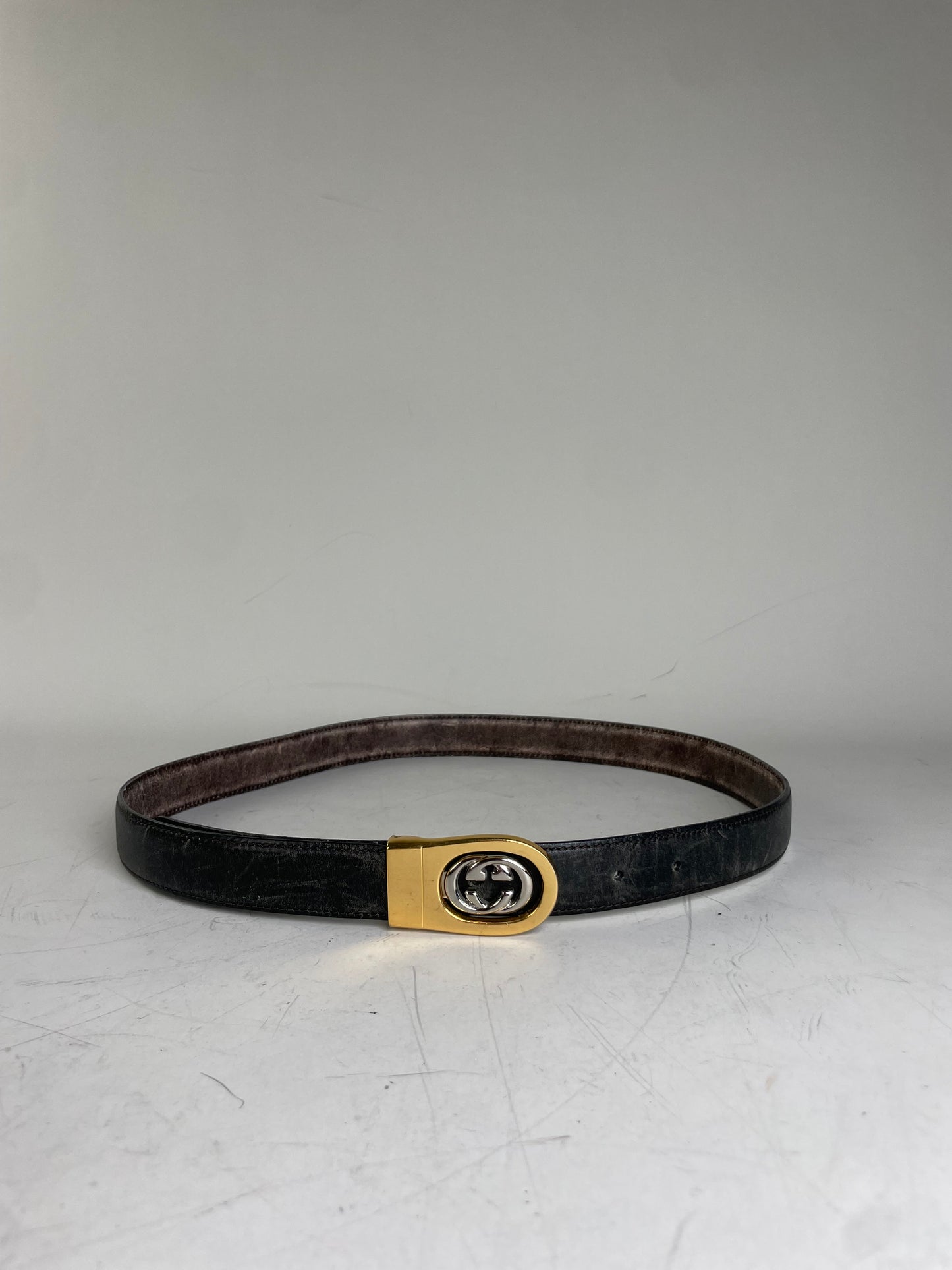 Vintage Gucci Interlocking G Leather Belt Black Gold