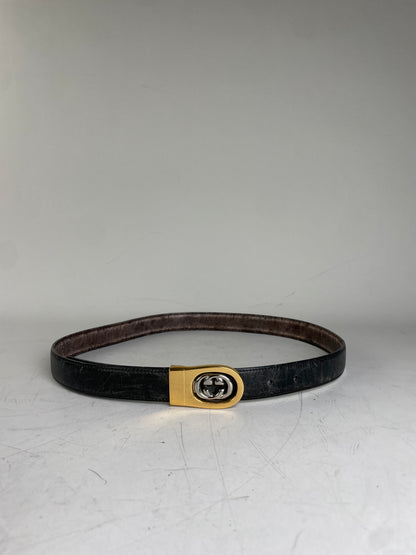 Vintage Gucci Interlocking G Leather Belt Black Gold