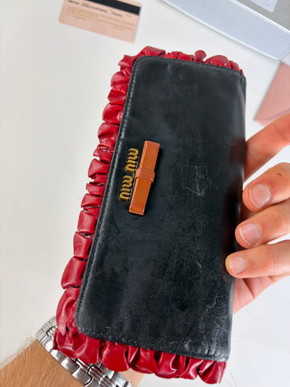 Vintage Miu Miu Leather Long Wallet Black Red Gold Clasp