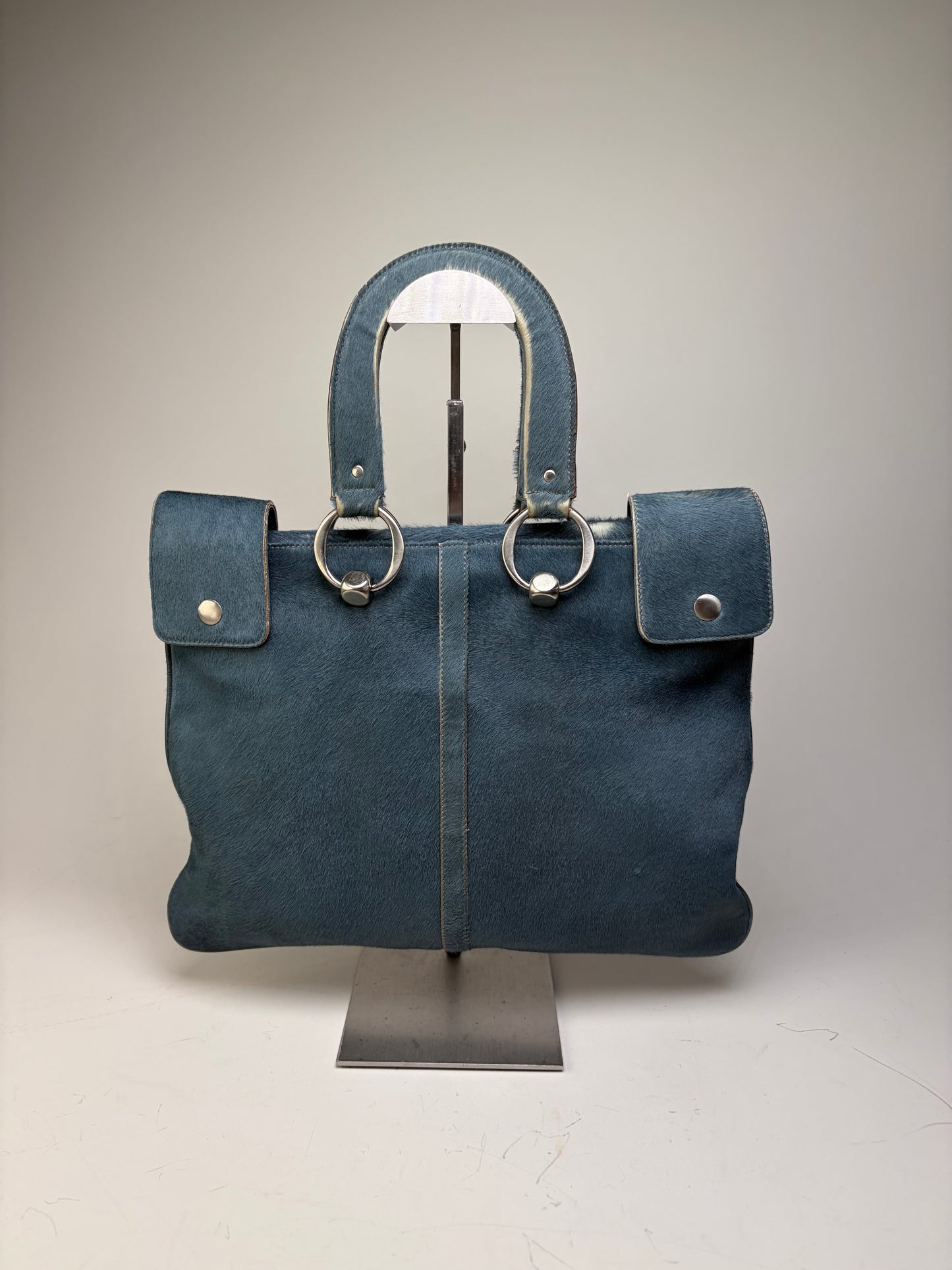 Vintage Marni Leather Tote Bag Teal Silver-Tone
