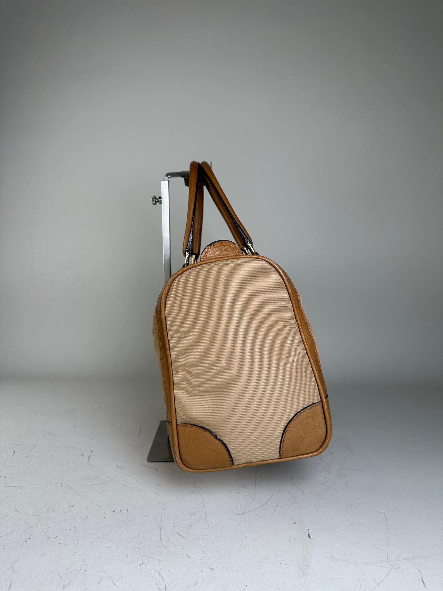 Vintage Gucci Canvas Duffle Bag Beige Brown Gold
