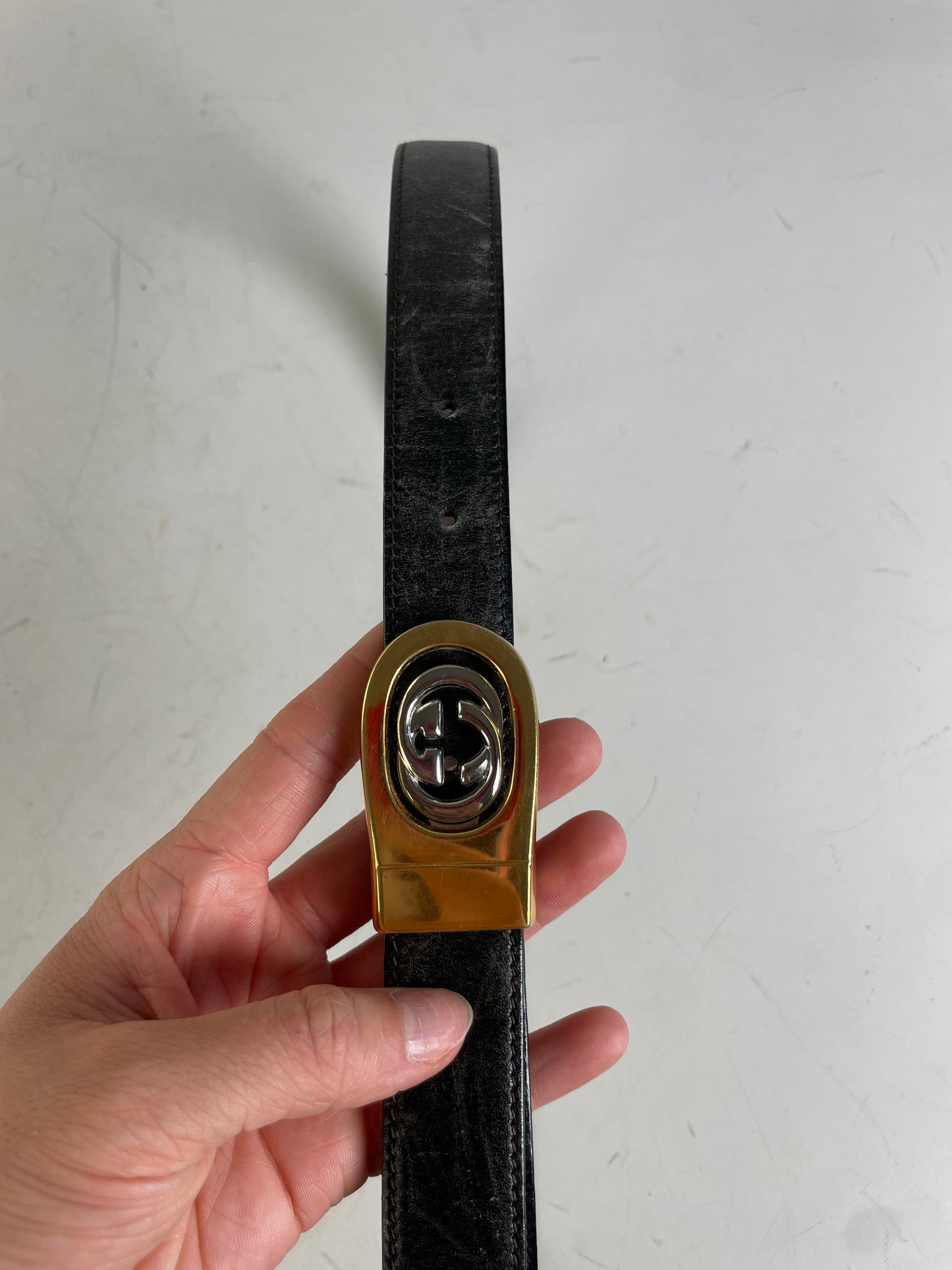 Vintage Gucci Interlocking G Leather Belt Black Gold