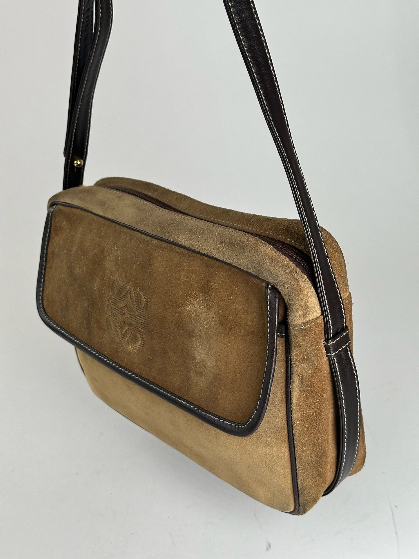 Vintage Loewe Madrid Suede Leather Bag camel