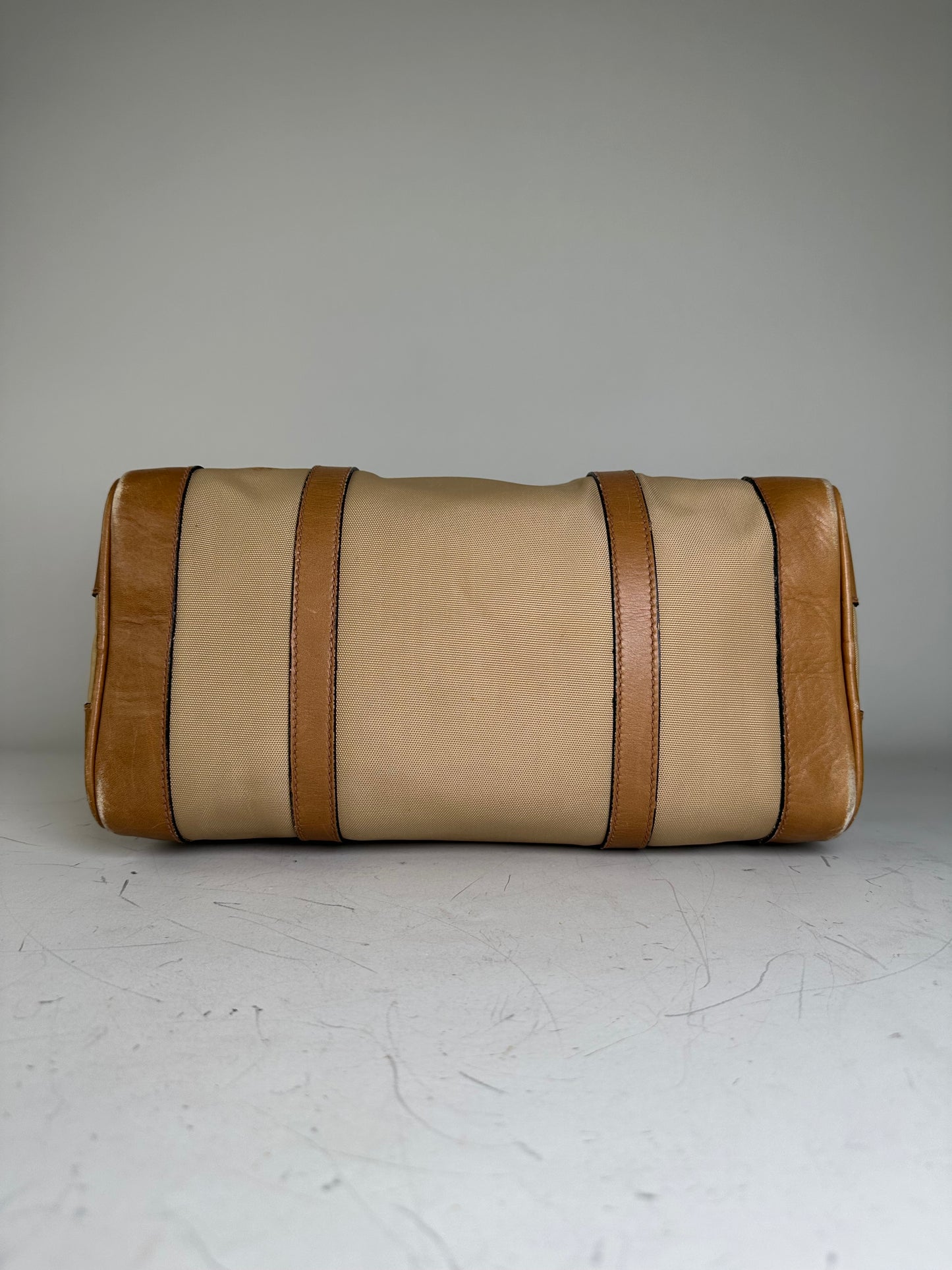 Vintage Gucci Canvas Duffle Bag Beige Brown Gold