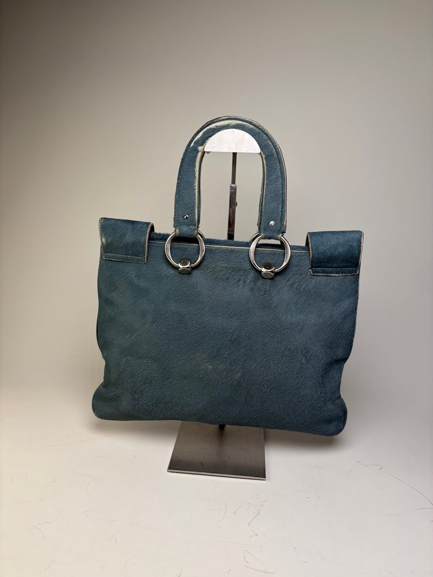 Vintage Marni Leather Tote Bag Teal Silver-Tone