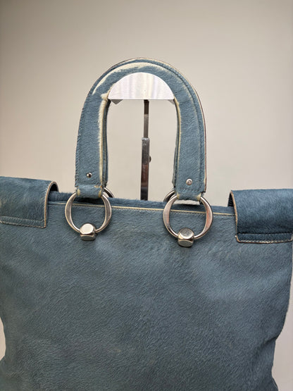 Vintage Marni Leather Tote Bag Teal Silver-Tone