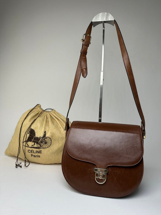 Vintage Celine Shoulder Bag Leather Cognac Brown