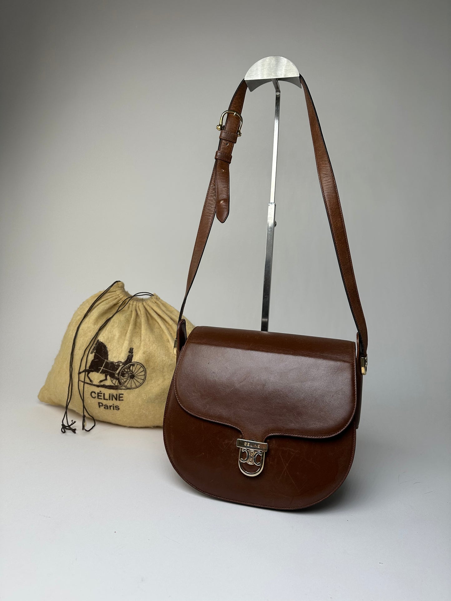 Vintage Celine Shoulder Bag Leather Cognac Brown