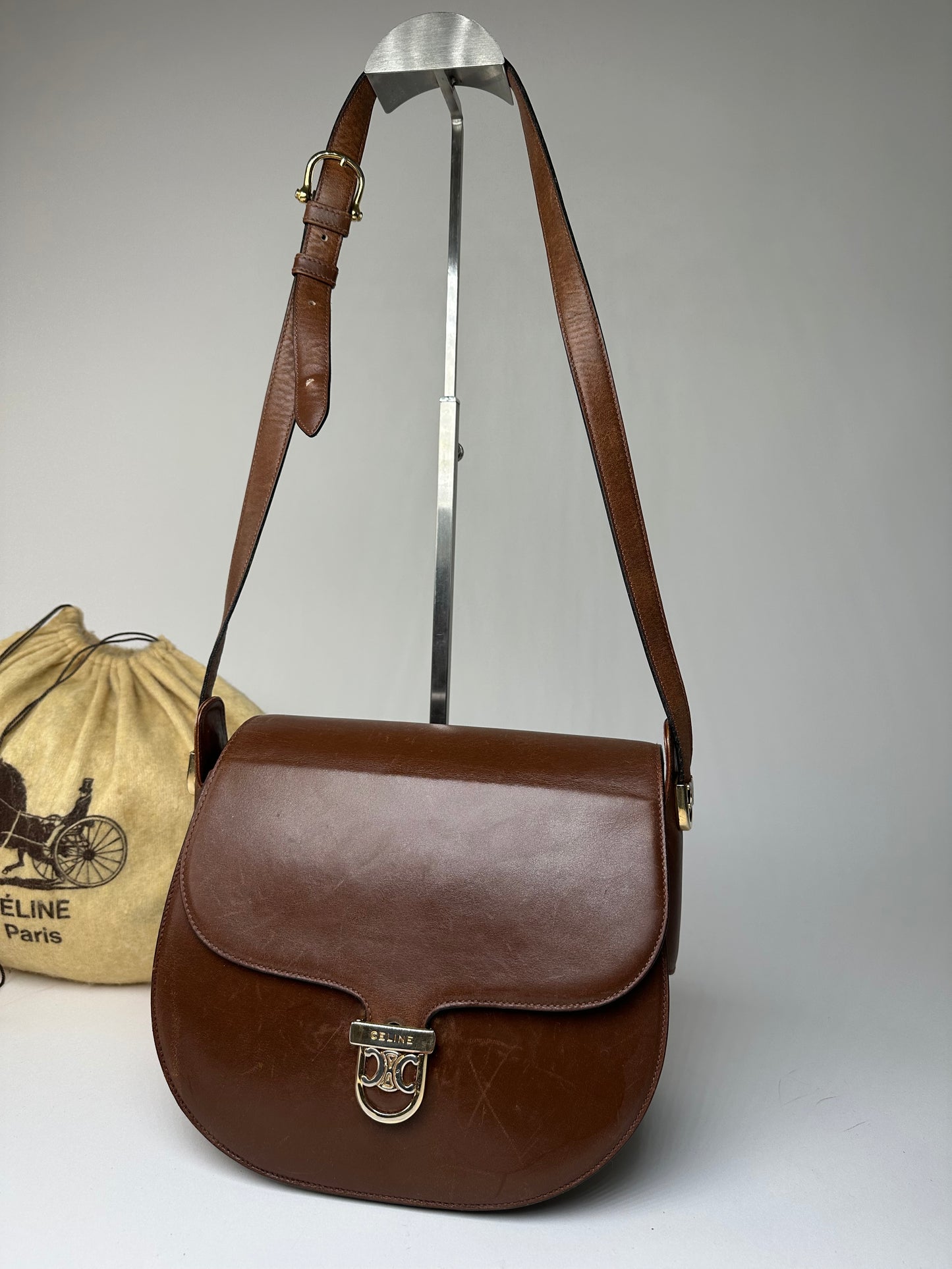 Vintage Celine Shoulder Bag Leather Cognac Brown