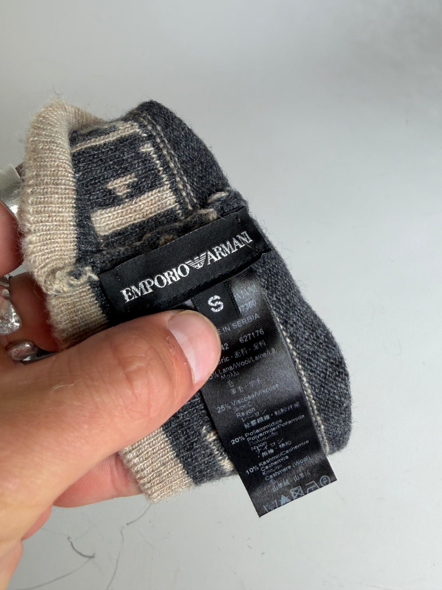 Vintage Armani Wool Blend Logo Band Beanie Dark Grey Beige