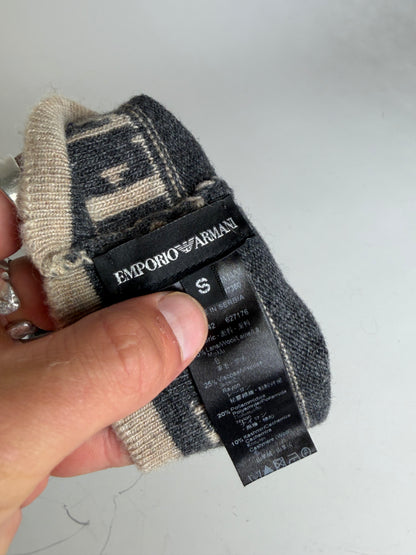 Vintage Armani Wool Blend Logo Band Beanie Dark Grey Beige