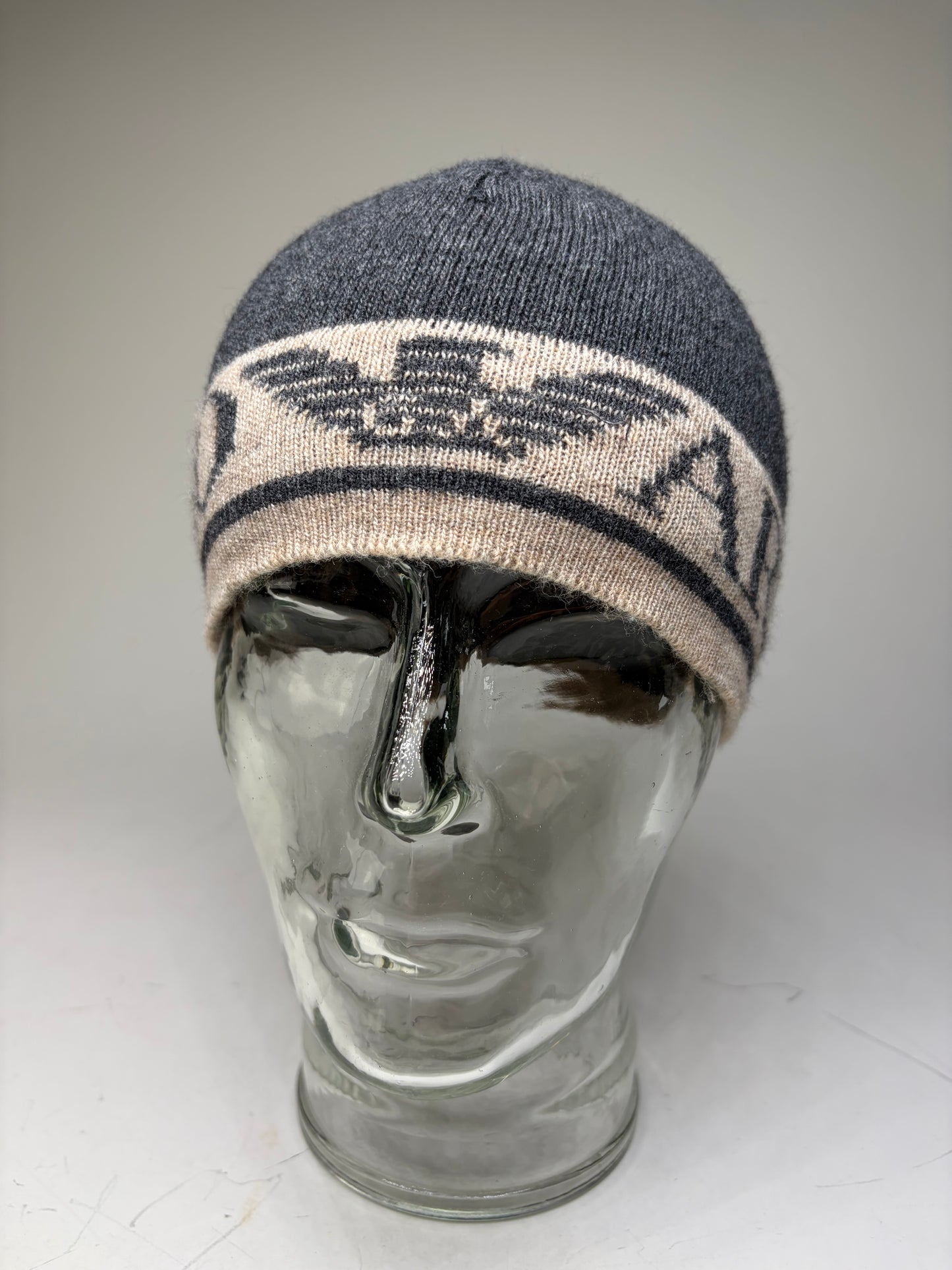 Vintage Armani Wool Blend Logo Band Beanie Dark Grey Beige