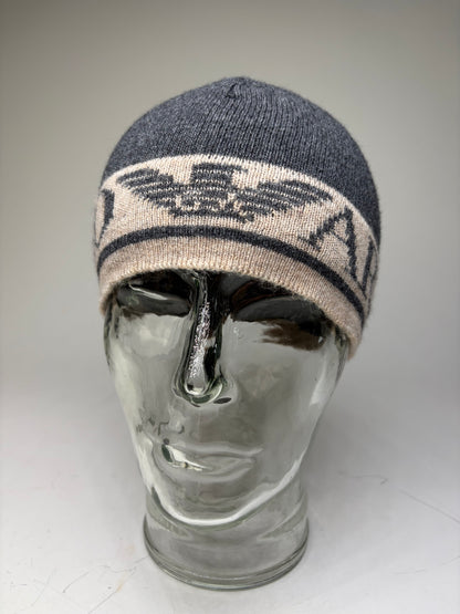 Vintage Armani Wool Blend Logo Band Beanie Dark Grey Beige