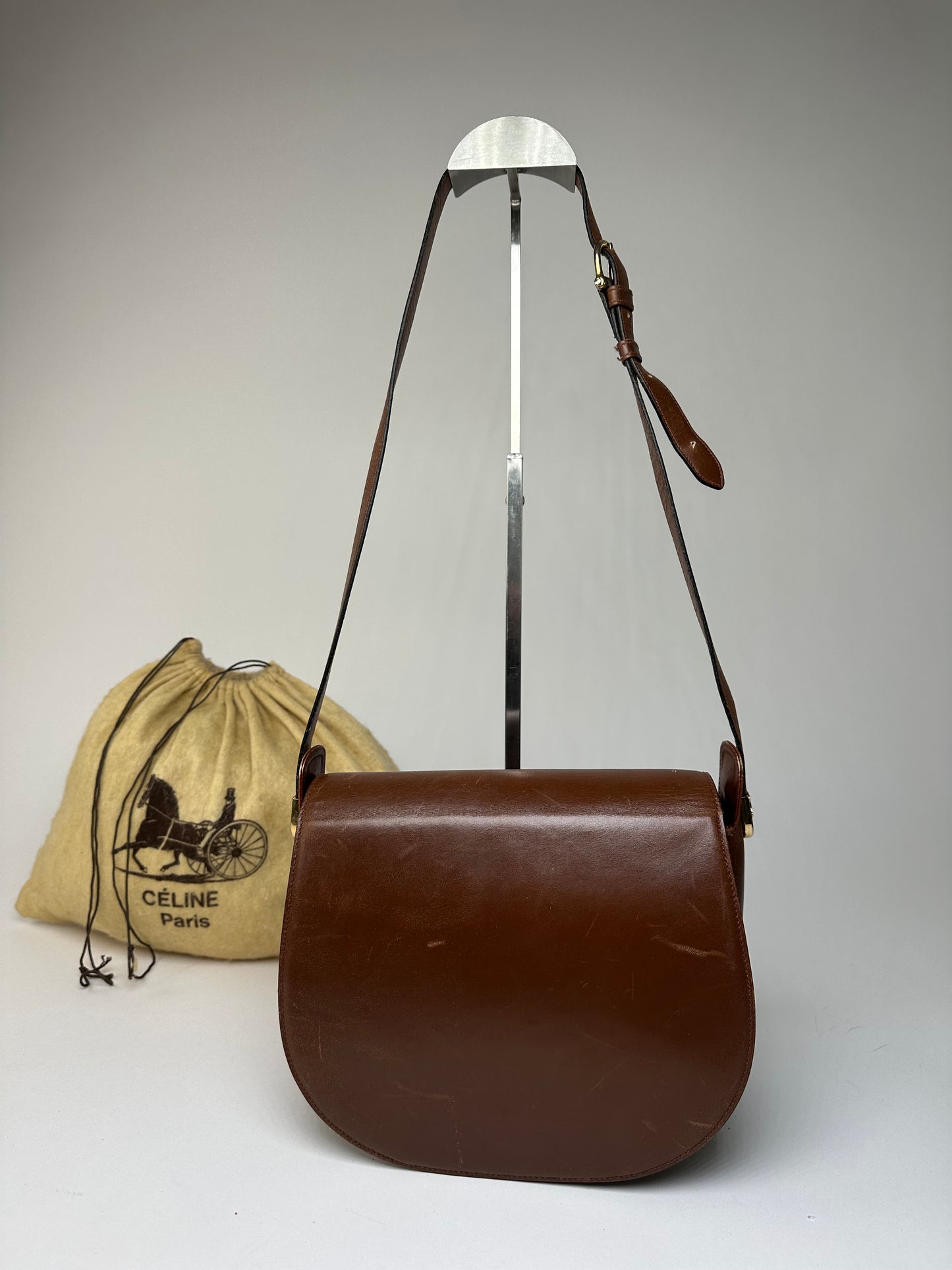 Vintage Celine Shoulder Bag Leather Cognac Brown