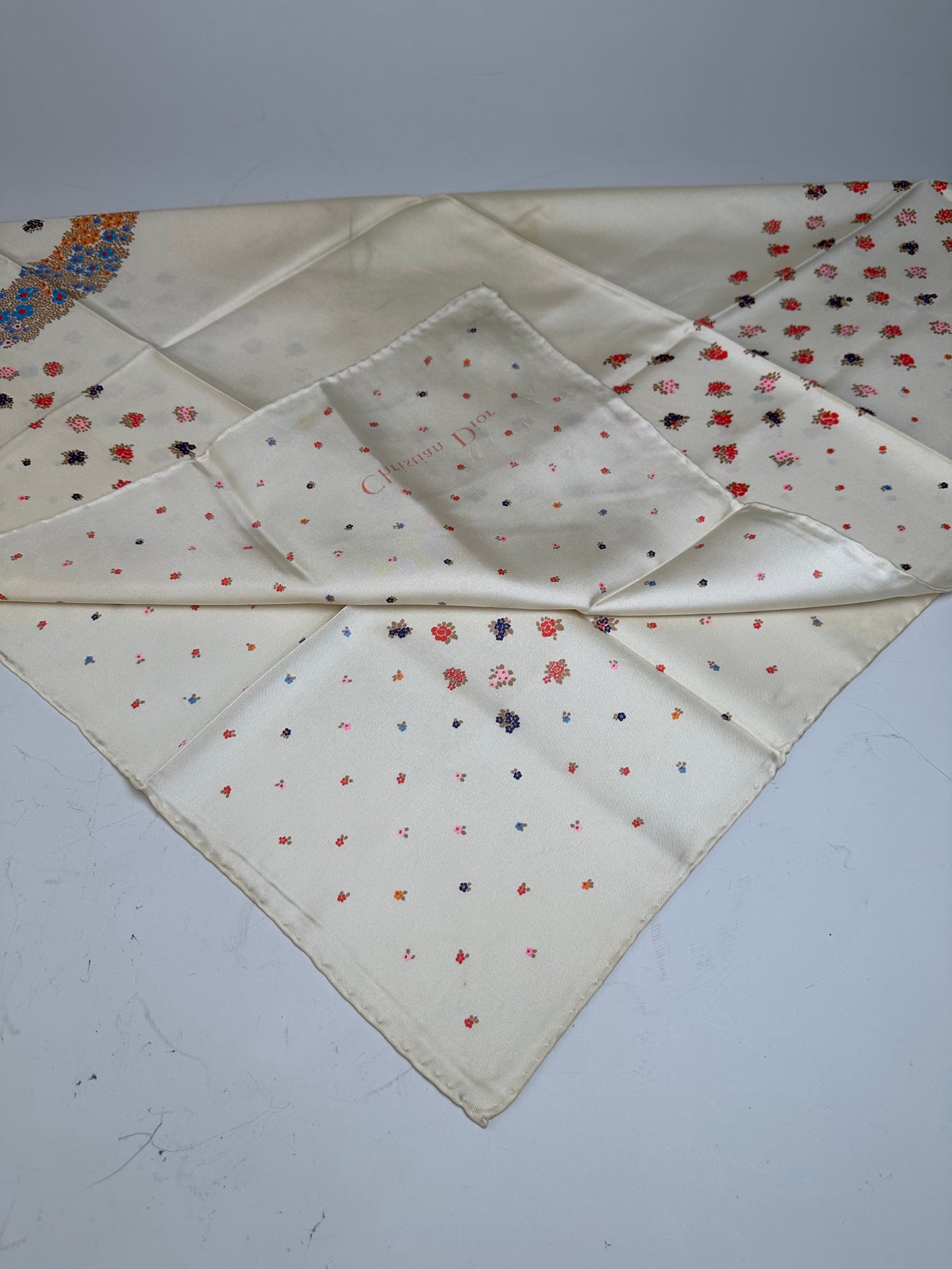 Vintage Dior Floral Silk Scarf Cream Multicolour